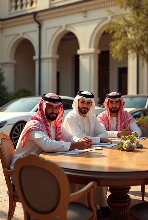 Three young millionaire boys in Arabic clothes and robes in a luxury villa at a table with luxury cars behind them.