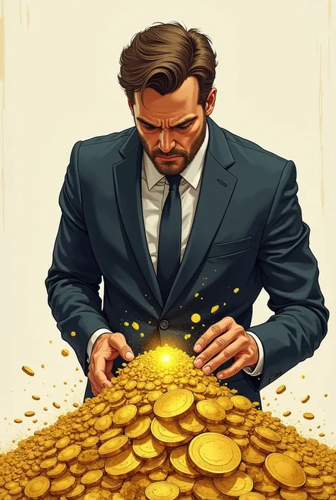 Man in a suit drawn in a drawing looking at a pile of gold