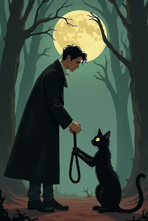 I want a 2D cartoon based on the short story  "the black cat"  by Edgar Allan Poe .  the cartoon must have a macabre vibe of terror and mystery .  make a man with a rope of strength and a black cat without one of his eyes