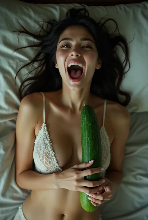 a beautiful petite skinny asian girl, memakai jilbab,wajah tanpa make up, memakai lingerie renda tipis, berbaring,di kasur kotor dan basah,holding a big and long cucumber ,mata melotot,mouth open and screaming at the bed,hd image,full body foto,sudut foto ...