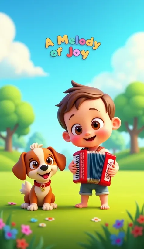  An animated scene designed in the cartoon style,  showing a baby standing ,  smiling, playing an accordion  (Sofona ).  The baby wears a simple outfit ,  as a t-shirt and shorts . Next to him,  a lively and cute puppy , also standing,  with a cheerful exp...