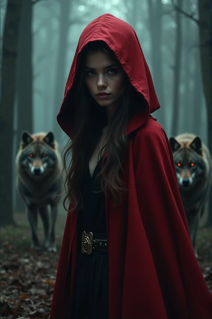 A Dark Romance-style cover of Little Red Riding Hood with two wolves in the background