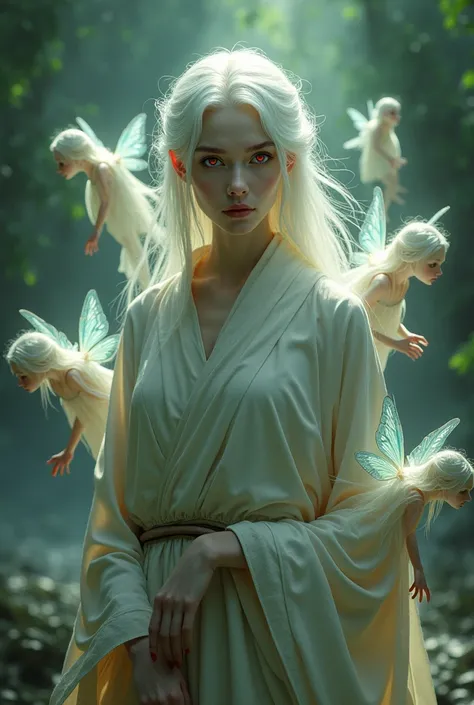  woman , a monk, fairies,  white hair,  light skin ,  red eyes, 