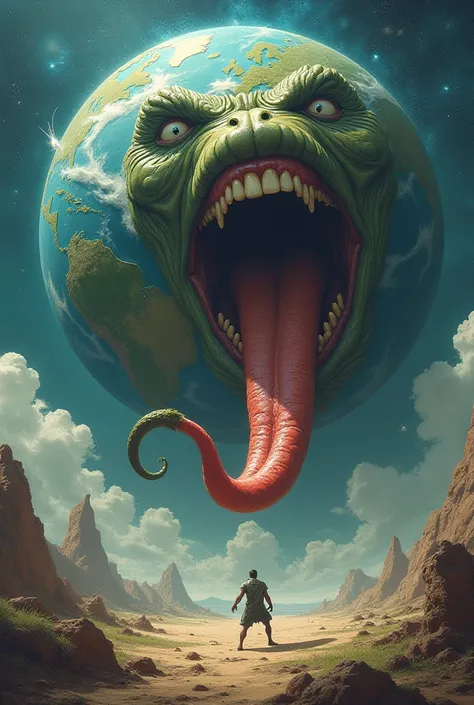 Crie imagem: Earth has got a tongue and fights a man with it