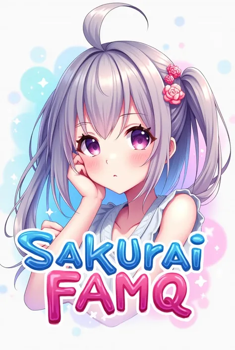 Create a logo to organize in a game called "SAKURAI FAMQ" English anime-style text, on the background of an anime girl 