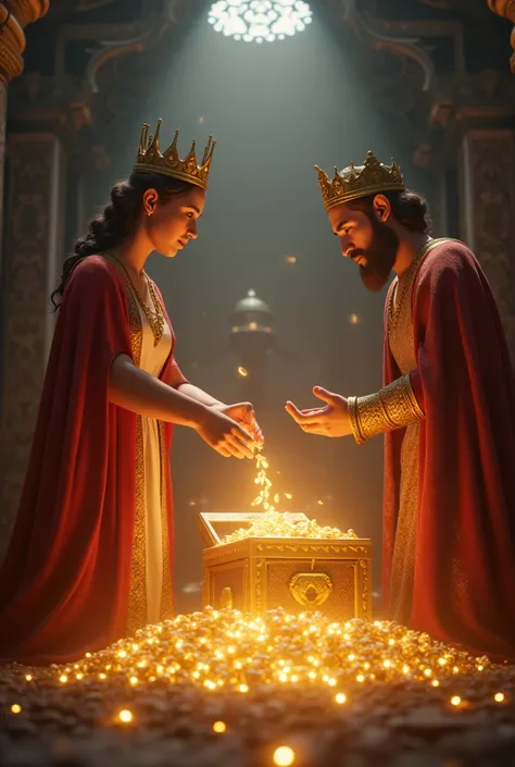 Cinematic 3d style images this prompt "The turning point: The Queen is seen persuading the King, with a glowing light or aura surrounding her to symbolize her kindness. The King, after being moved, is shown opening the royal treasure chest, and gold, food,...