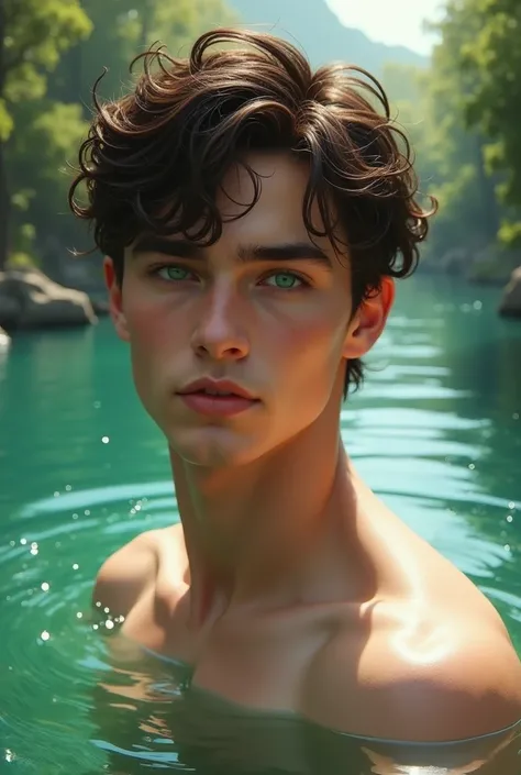  Adonis as a teenage Caucasian man,  white skin  , no beard,  bright green eyes,  dark brown hair,  face and features soft sculpted lips,  well-defined jaws and cheekbones divine beauty , Divine Aura, on a lake in a beautiful forest 
