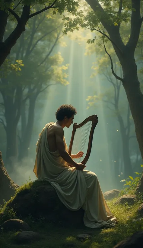 In a quiet, enchanting forest, Orpheus sits alone on a moss-covered rock, playing his lyre with a sorrowful expression. The melody seems to echo through the trees, filling the air with a profound sense of grief and longing. His simple tunic drapes softly a...