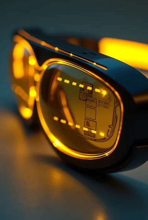  Design of a glasses lens latest model futuristic dark yellow color, not translucent , Thick thick ,  with digital television and live video technology ,  with built-in memory and Bluetooth ,  and an image of a film reflected on the lens ...