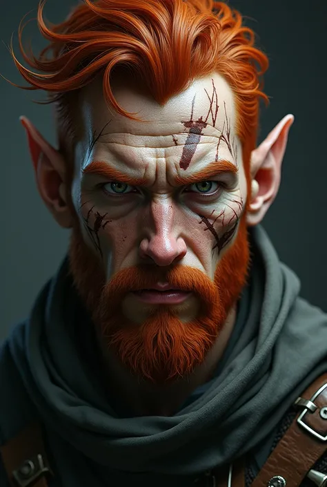 A 30-year-old man with pointy ears, reddish hair and many scars on his face.