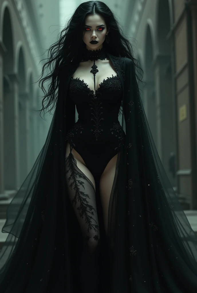 Female vampire with white skin tone, voluminous long black hair to her legs, crimson eyes, wearing a victorian era black outfit, great physique, great beauty, fullbody photo from head to toes