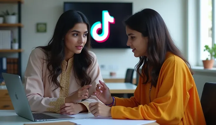 "A modern and well-lit room with two people wearing traditional Pakistani clothing. One person is demonstrating a tutorial on a laptop or smartphone, while the other is attentively watching and taking notes. The room has books, a desk, and a TikTok logo di...