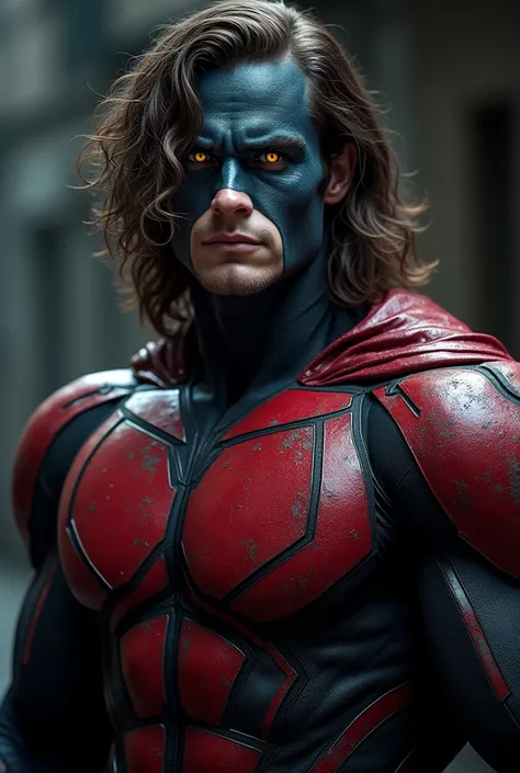 Muscular superhero with long brown curly hair and yellow eyes, handsome. Superhero wearing dark red superhero suit with black accented patterns, dark asul skin all over body