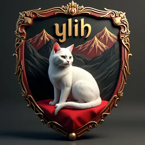  Create a 3D 4K shield logo ornamented with the inscription Ylih on the frame,  inside the shield a white cat appears on a red cushion ,  the cat has well-defined and realistic features ,  decorated with beautiful mountains in black , red and gold. Noble a...