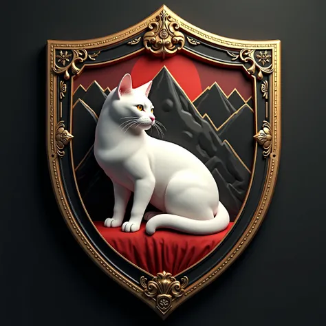  Create a 3D 4K shield logo ornamented with the inscription Ylih on the frame,  inside the shield a white cat appears on a red cushion ,  the cat has well-defined and realistic features ,  decorated with beautiful mountains in black , red and gold. Noble a...