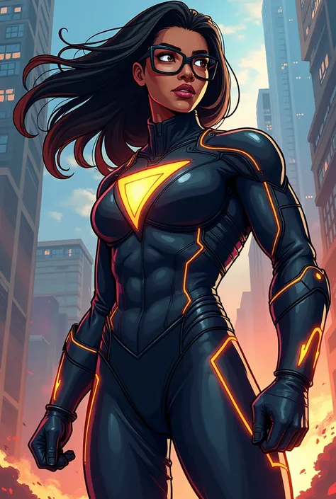 Create an image of a black superhero with medium straight hair, who wears glasses, With athletic size drawing format /anime 