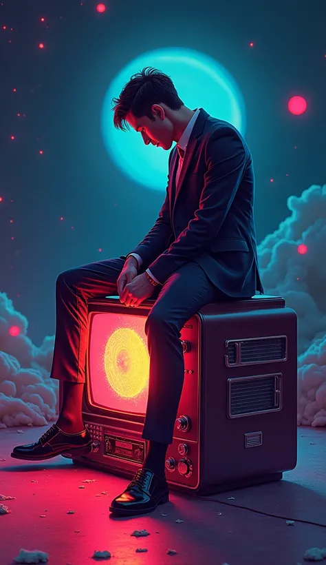  stylish vacuum tube radio neon color coloring 、Illustration style、 High Quality 、detailed description、 high quality、Radio machine floating in space 、 A man in a suit with his head turned into a cathode-ray tube television is sitting on the top of a vacuum...