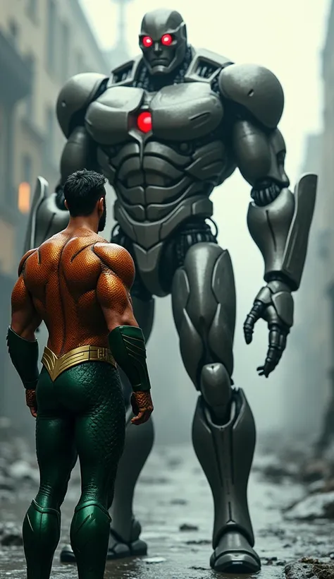 Aquaman looking in front of an android with a head with two big red eyes, ultra realistic and professional images   