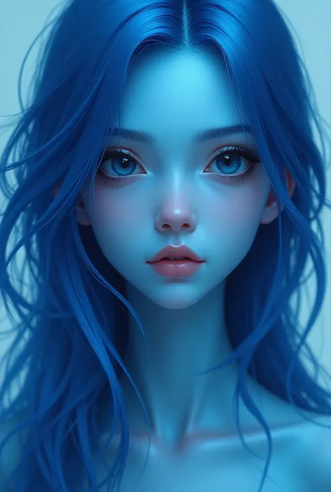 Un alien bleu fille de face. longs cheveux bleus yeux noirs un peu charismatique mais pas trop et mignonne mais pas trop et elle a la peau bleue