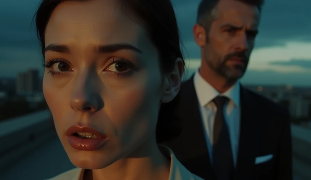 A close-up of a woman’s face showing deep emotion, with one eye glancing at the viewer and the other at the man in the background. The man, dressed in a suit, is watching her with a knowing look. Soft lighting and a dramatic city backdrop create an intense...