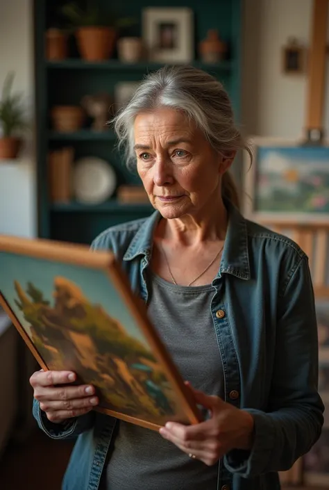 a 50-year-old woman with a painting in her hand