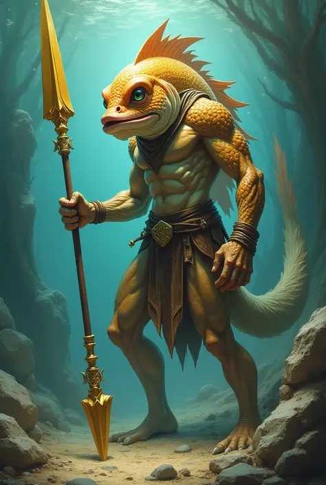 
A drawn warrior human fish with a golden spear that can talk