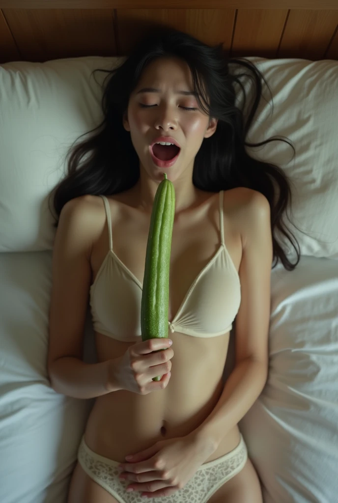 a beautiful petite skinny indonesian school girl,wajah tanpa make up, memakai lingerie renda tipis, berbaring,di kasur kotor,dekat jendela,holding a big and long cucumber,mata melotot,lying,mouth open and screaming at the bed, ekspresi menikmati dan menjer...