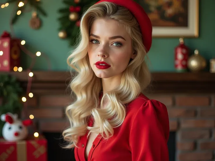 pin up style , painted style from 1960,  christmas , new years modern trendy youth photo shoot in full length,  young 18 years old with an athletic and slim physique,   girl with long blond hair   