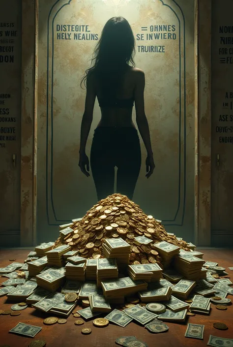 A pile of money and a shadow of a hot woman and there are picky phrases on the wall 