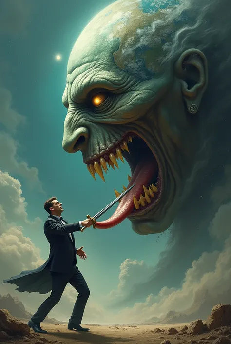 Planet earth has an ugly bad face and a tongue and fights a man with its tongue. The man in a suit attacks the tongue with a sword