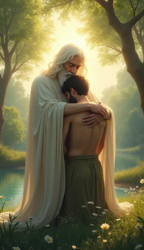 Create a realistic scene of a warm embrace between God and a modern man with current tragedies representing a son, in a serene landscape. The setting conveys calm and security, with soft, reassuring colors. The scene must have realistic details and the cha...