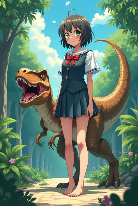 Anime Young adult girl in seifuku barefoot with a T-Rex 