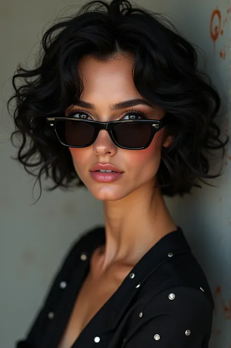 Woman of 35 years.  black hair, short, curly and curly.  with dark glasses.