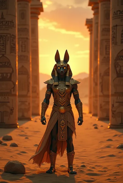  Anubis represented as a divine warrior ,  with golden armor and ancient Egyptian engravings ,  standing in front of a mystical temple illuminated by sacred flames .  The background shows worn pillars with hieroglyphics and golden sand. The scene has a twi...