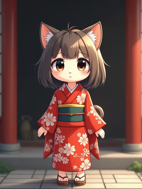 A cute kitty with big eyes ( winged eyeliner) wearing a japanese girls wig, and wear a red kimono with floral patterns, and wear a clog wooden sandals , standing straightforward out door, full body, highly detailed, good composition, antropomorfisme, ultra...