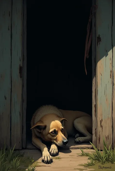 A homeless dog hides in a small worn-out guard cabin
