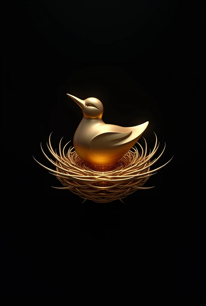 Bird image making nest in golden  colour 3d having black background. In logo form