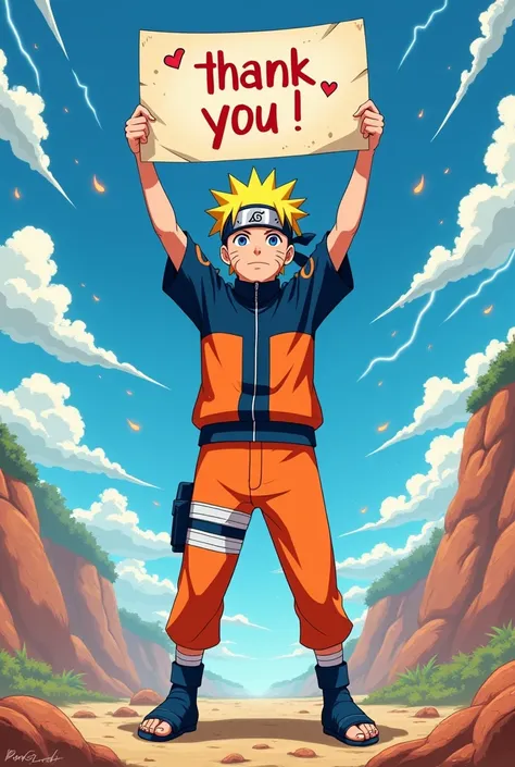 Prompt for AI Image Generator: "A Naruto-inspired anime character (similar to Naruto Uzumaki) standing proudly, holding a sign that says Thank You for 150 Subscribers