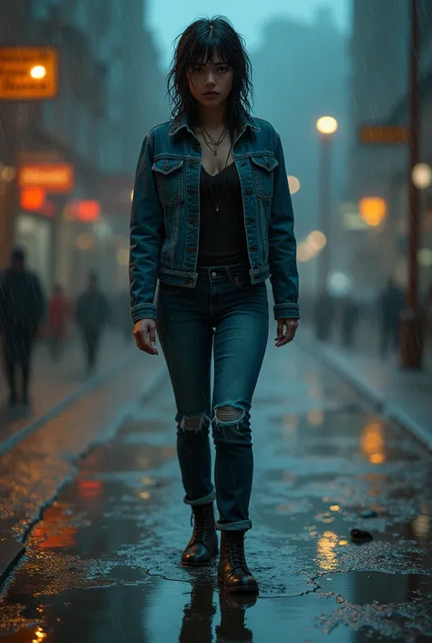 Woman, raining, puddles, jacket, jeans, soaked