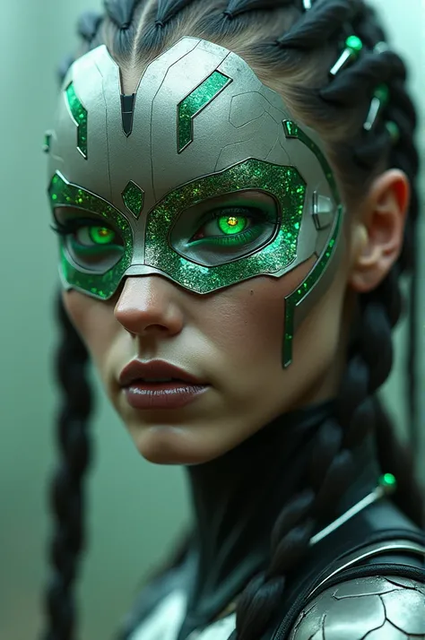 A close up hyperrealistic image of a futuristic warrior woman with matte silver skin and bronze-green lines that resemble ancient cybernetic symbols. One eye is covered with a holographic design resembling a battle helmet, while the other with deep sharp g...