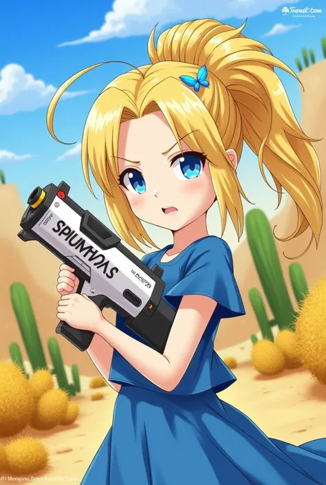 The art depicts a girl with a determined expression, holding a futuristic weapon in her hands. She has blonde hair, gathered in a high bun, and decorated with a small bookmark in the form of a butterfly. In the background, a desert landscape with cacti and...