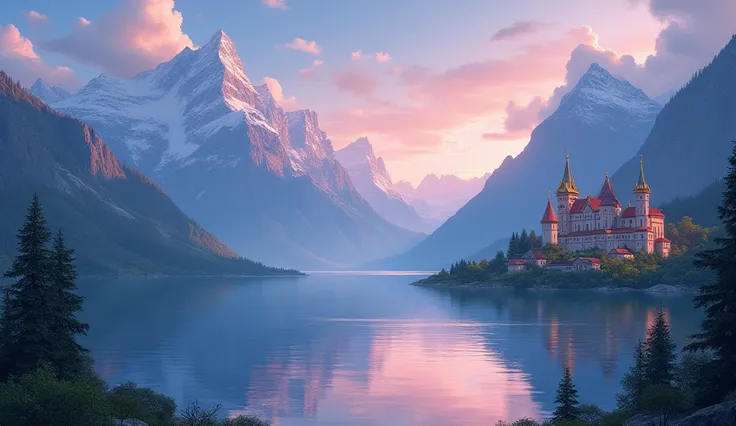 beautiful natural scenery. lake. mountains. city hustle and bustle. fantasy. animation. fading dusk.