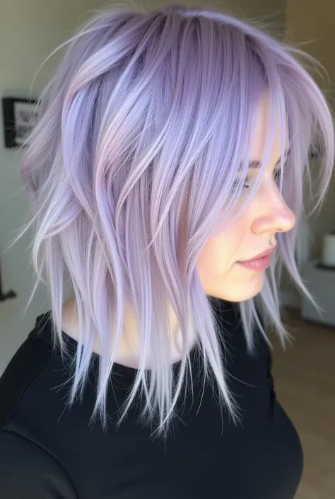 

 Medium-length hair with a predominantly pale lilac shade ,  styled in a careless but intentional way .  The locks have a messy look ,  with tips that stand out unevenly ,  similar to the third image ,  giving a rebellious and melancholic look .  On top ...