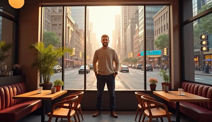 Scene 10 : A picture that combines the quiet nature of the cafe and the busy city, with Khaled standing in the middle smiling, as a symbol of the balance he found in his life. The picture is realistic