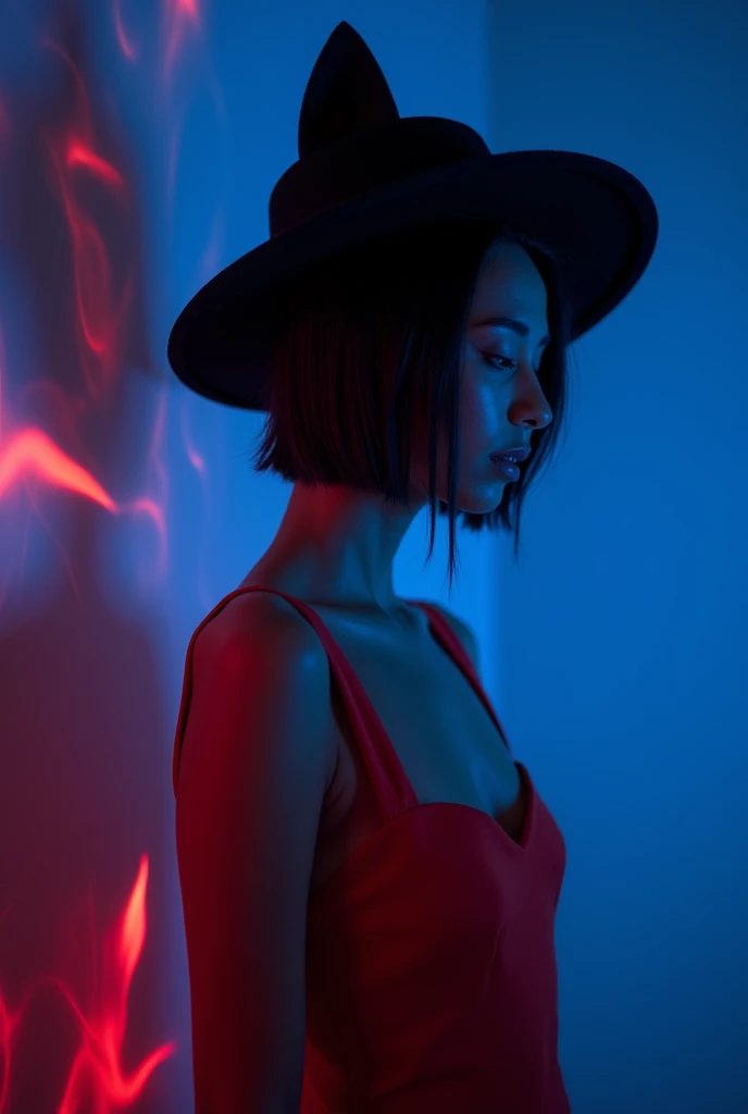 there is a woman in a red dress and a cat hat, a picture inspired by Yves Klein, tumblr, video art, with glowing blue lights, low saturated red and blue light, red and blue black light, blue and red lighting, red and blue lighting, blue lighting. fantasy, ...