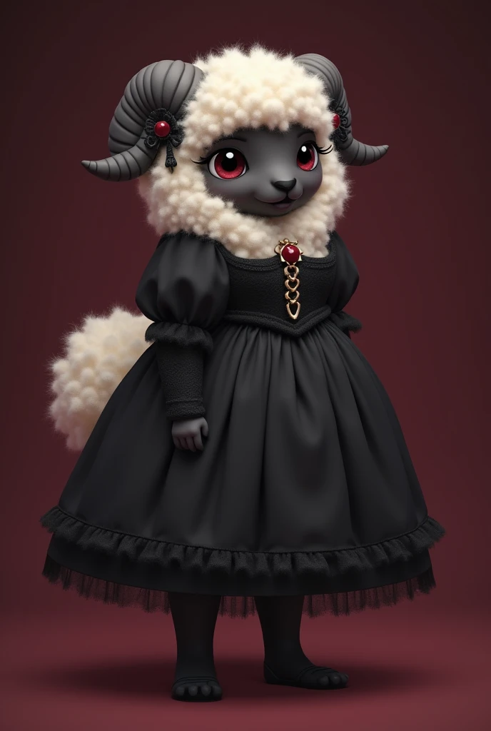 2-d, not 3D, fantasy setting, gothic style, anime style, anthro furry sheep woman, on 2 legs and in a beautiful gothic dress, black skin, white wool, small muzzle, large eyes, short, curvy, adult, chubby, soft wine-red background, desaturated 