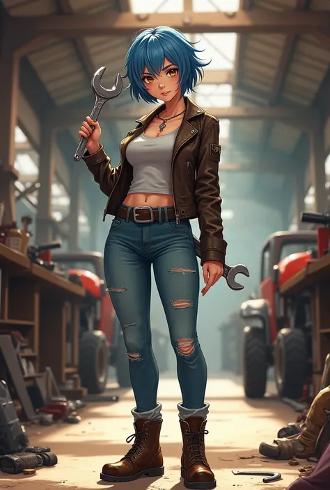 "Create a highly detailed anime-style illustration of a mature and curvy woman with short, messy blue hair and striking amber eyes. She has a confident smirk and a laid-back, tomboyish vibe. Her outfit consists of a fitted leather jacket, a tank top, rippe...