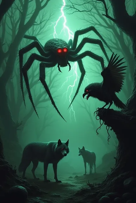 A dark, eerie environment with strange and dangerous hybrid creatures: a massive spider with the head of a snake and glowing red eyes, a bird with bat wings and sharp metallic talons perched on a twisted tree, and a wolf with octopus tentacles instead of l...