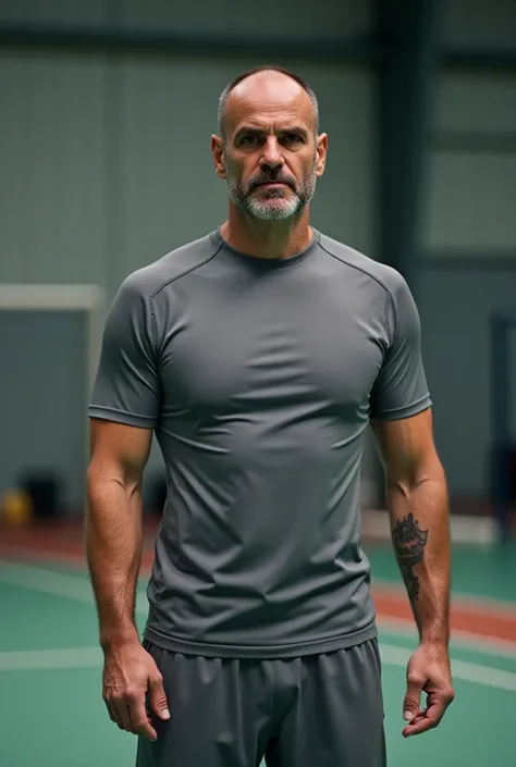 51 year old , brown color, Black hair almost bald,  man wearing handball training clothes.