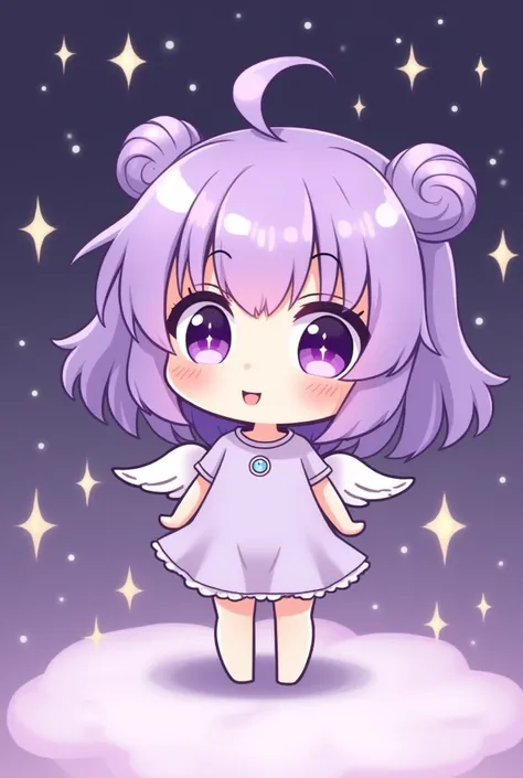   chibi-style cartoon of a girl with purple hair ,  two rolls on the head and angel wings .  The character has big, expressive eyes with stars inside them ,  and she wears a short, light lilac dress .  The background of the image is a starry space with sha...